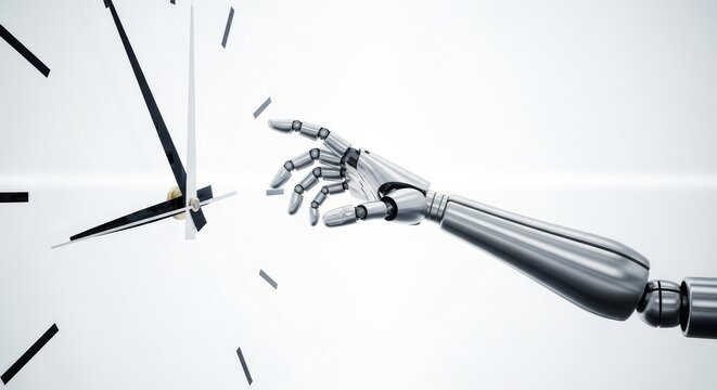A sleek silver automaton reaches out with metallic fingers to grasp the rapidly spinning hands of a large clock in a bright white space, blur, minimal, measurement