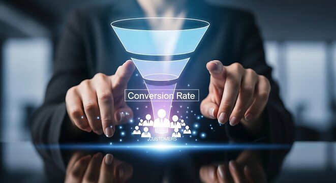 Marketing funnel analysis. An analyst's hands point to the bottom of a clean, holographic sales funnel where 'customer' icons appear, representing conversion rate.