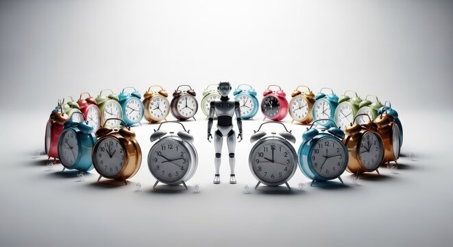 A sleek silver robot stands in the center of a circular formation of vintage alarm clocks vibrating and ringing loudly in a bright studio, alarm clock, gear, productivity