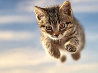 Obraz premium Focused tabby kitten leaping through the air with intense eyes against a soft blurred background capturing a dynamic moment of playful motion