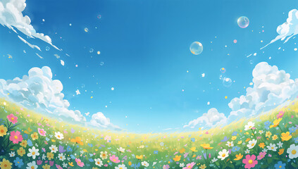 Naklejka premium 絵本のような青空と花畑が広がるやさしい背景イラスト