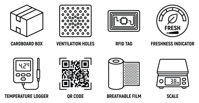 Cardboard box ventilation holes rfid tag freshness indicator temp logger qr code breathable film scale vector icons.