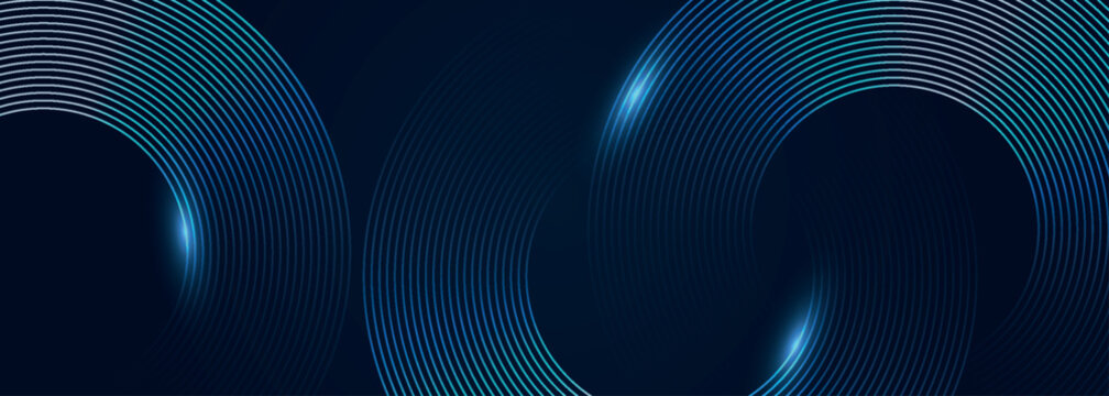 Dark blue gradient abstract background with glowing blue circle lines decoration. Modern and futuristic design with bright light spot effect for banner, cover, poster, and website.