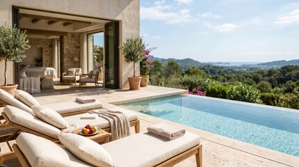 Obraz premium Villa terrace with infinity pool lounge chairs and sea view