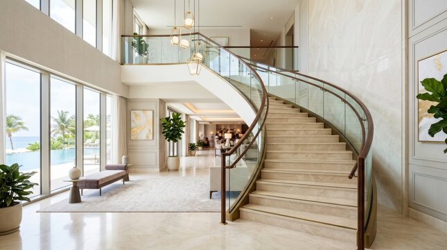 Hotel lobby with curved marble staircase and ocean view