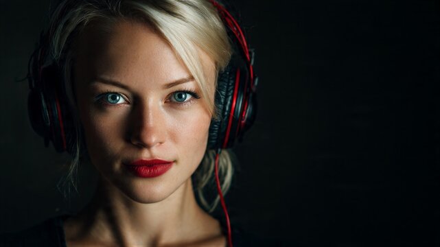 Blonde woman with headphones looking at camera portrait