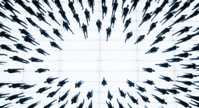 Vibrant bird's eye view captures rhythmic patterns of moving silhouettes on a bright surface. Dynamic motion blur creates energy and pace, rush, geometry, patterns