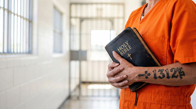 A person in an orange jumpsuit stands inside a cell block holding a Bible. The scene shows prison bars and walls, indicating a correctional facility during the day