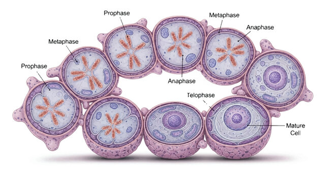 Microscopic view of plant cell division stages in mitosis with life cycle microscope image biology illustration life science microscopic research