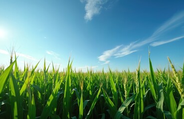 Fototapeta premium Green corn stalks grow tall towards bright blue sky with wispy clouds. Sun shines on farm field during a clear summer day. Rural landscape shows vibrant nature.