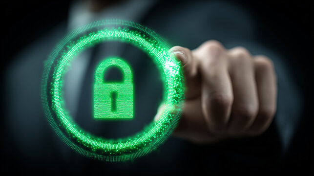A hand pressing a digital lock interface representing secure access, cybersecurity protection, and trusted data privacy.
