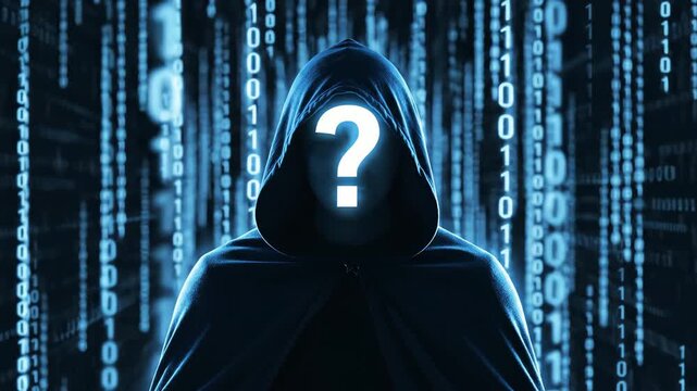 Anonymous hacker in hooded cloak with digital binary code background