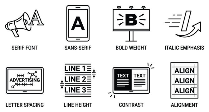 Collection of typography and font style vector icons for graphic design and web development.