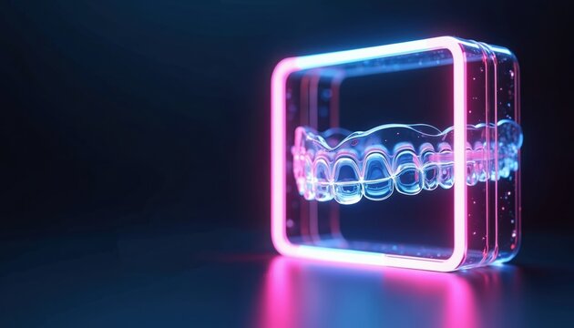 Transparent teeth aligners displayed inside a glowing neon frame. These invisible braces offer discreet dental correction for a straighter smile. Modern orthodontic treatment.