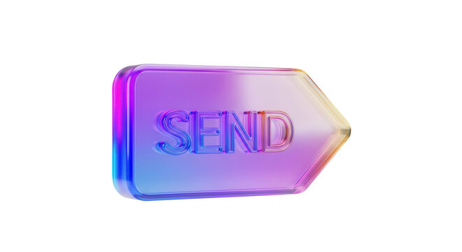 3D send icon, arrow message symbol. Colorful gradient glass like icon, trending glass holographic icon, for graphic design, UI UX interfaces, 3d render illustration.