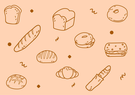 Assorted bakery collection including croissant, pretzel, and baguette line icons