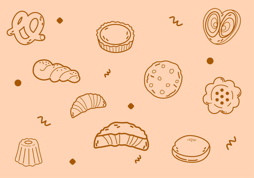Assorted bakery collection including croissant, pretzel, and baguette line icons