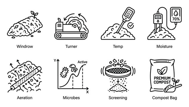 Eight composting process icons windrow turner temp moisture aeration microbes screening compost bag.