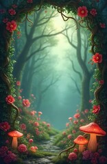 Naklejka premium Enchanted forest path framed by vines red flowers and glowing mushrooms. Mystical glade with soft light beckons deeper into magical woods. Fantasy nature scene serene and inviting.