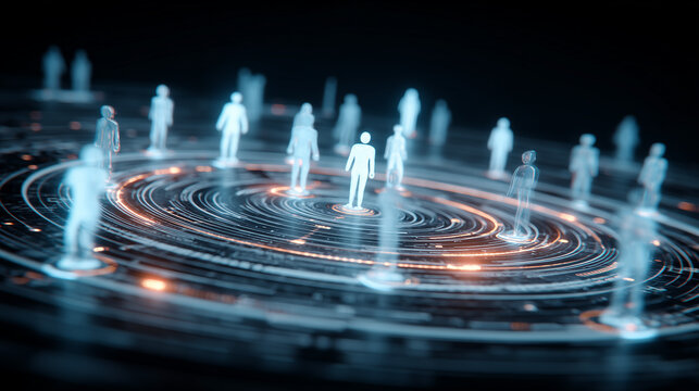 Digital human figures arranged on a circular platform representing connected teams, workforce networks, and social data systems.
