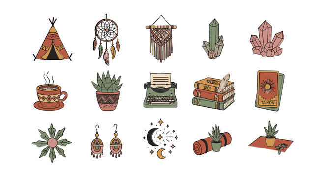 Set of hand drawn boho style design elements and spiritual symbols.