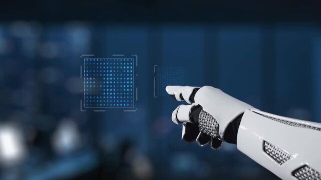 A futuristic robotic hand engages with a digital interface highlighting agile development terms and coding elements, set in a modern workspace filled with technology. Synapse