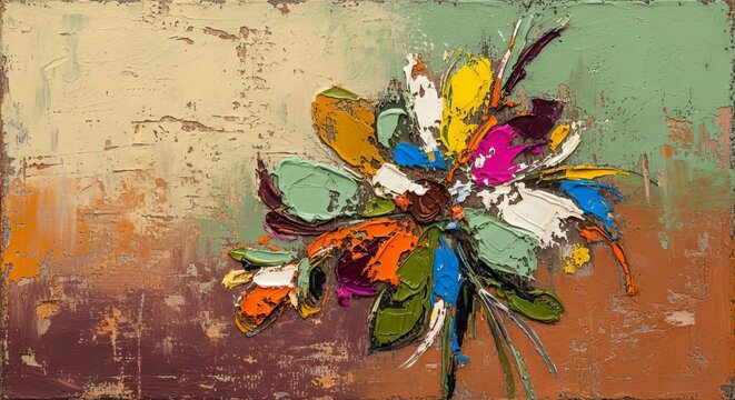 An artistic abstract botanical painting featuring weathered floral shapes and distressed textures with earthy tones on a worn canvas surface, wash, stems, decorative