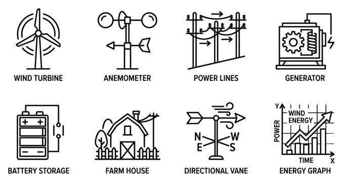 Renewable energy icons wind turbine anemometer power lines generator battery storage farm.