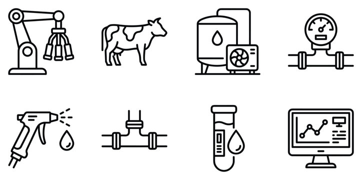 Robotic milker cow bulk tank thermometer pipe fittings spray gun pipe connector test tube monitor vector icons.