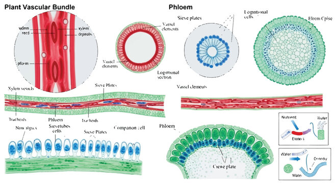 Diagram of plant vascular tissue: xylem and phloem cross-sections and longitudinal views with plant biology plant anatomy cross section plant cells