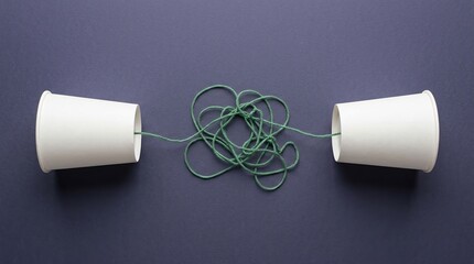 Obraz premium Communication misunderstanding problem confusion tangled connection paper cup phone concept representing business challenges, dialogue breakdown, and complex speech barriers.