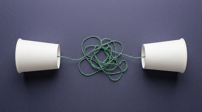 Communication misunderstanding problem confusion tangled connection paper cup phone concept representing business challenges, dialogue breakdown, and complex speech barriers.
