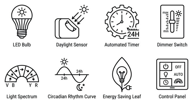 Smart lighting icons LED bulb daylight sensor automated timer dimmer switch light spectrum circadian rhythm.