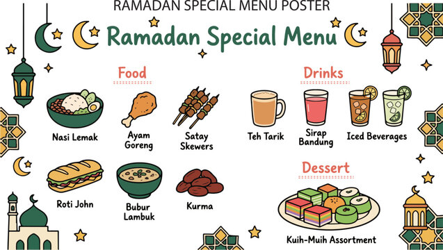 Ramadan Special Menu Poster Malaysian Food, Doodle Cartoon Illustration