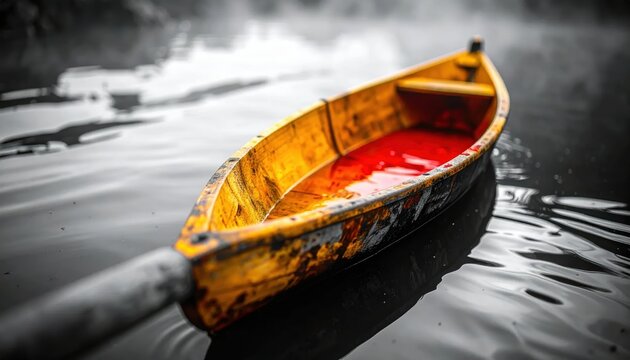 An Old Yellow Rowboat Filled with Red Water on a Dark Lake.