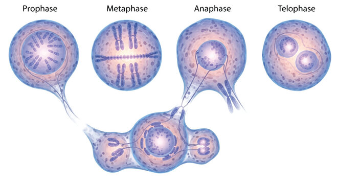 Illustration of cell division stages: prophase metaphase anaphase telophase with cell cycle prophase metaphase anaphase telophase chromosome