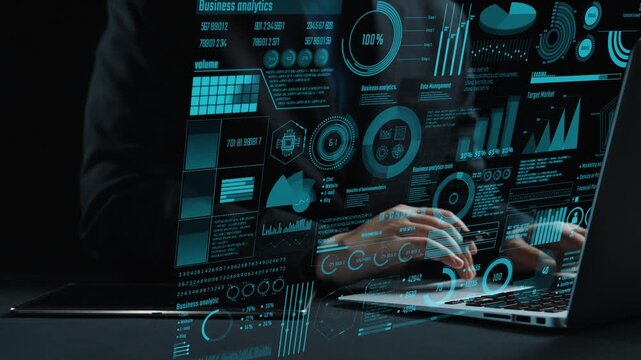 A professional conducting business data analysis using a laptop displaying digital charts and graphs, emphasizing key metrics and trends in a stylish dark setting. Cipher