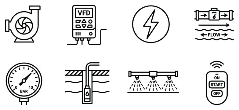 Water pump, VFD control, electricity symbol, flow meter, pressure gauge, submersible pump, sprinkler system, remote control.