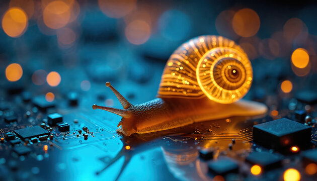 Glowing snail moves across circuit board. Represents slow internet, outdated tech, or delayed progress. Represents bugs or slow systems. Conceptual image about tech problems.