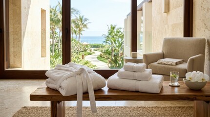Fototapeta na wymiar White robe and towels on wooden bench by resort window with sea view