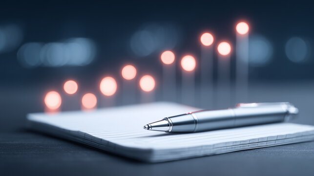 Pen on an open notebook with rising chart markers representing business planning, productivity growth, and strategic financial progress.
