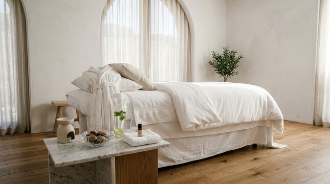 Spa treatment room with massage bed and aromatherapy setup