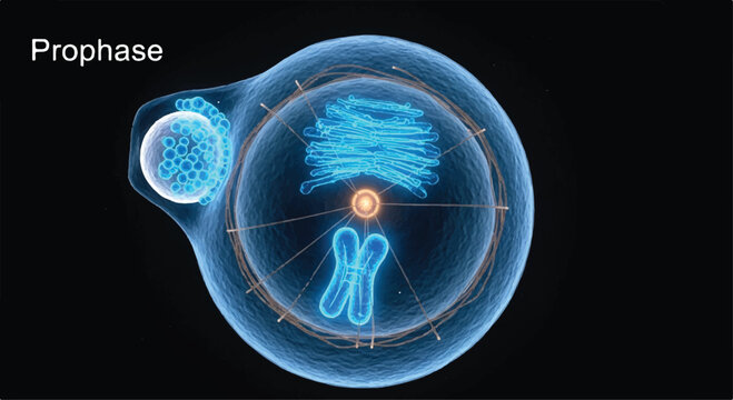 Detailed illustration of a cell undergoing prophase in mitosis condensed chromosomes cell division genetic material biological process