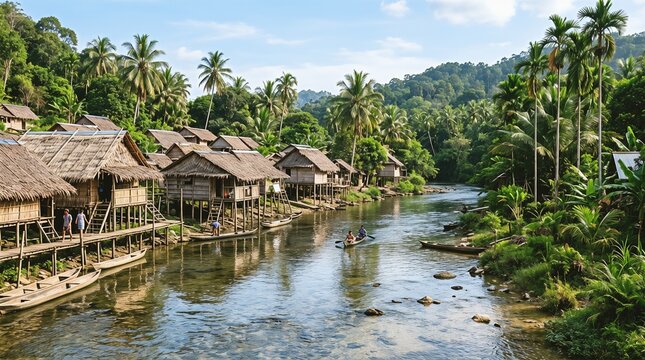 A serene tropical village along a river with wooden stilt houses and lush green vegetation under soft daylight.
