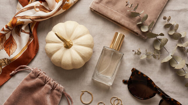Autumn lifestyle flat lay featuring a perfume bottle, pumpkin, sunglasses, and accessories