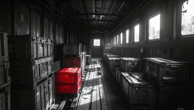 Inside a vintage train car filled with wooden crates, one red crate stands out.