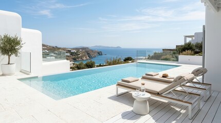 Fototapeta premium White terrace pool with sea view and paired loungers