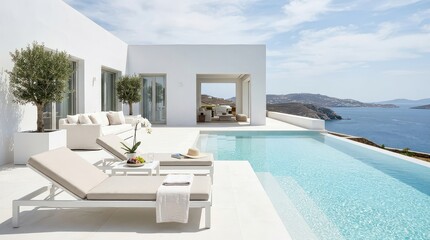 Fototapeta premium Modern white villa terrace with infinity pool and sea view