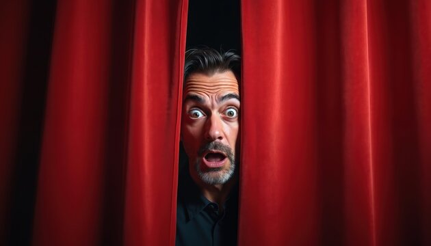 Man peeks from behind red theater curtains eyes wide in shock and disbelief. Male face emerges from stage velvet showing amazement and sudden realization of something unexpected.