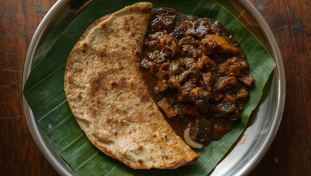 Delicious kerala parotta and beef fry served on a banana leaf